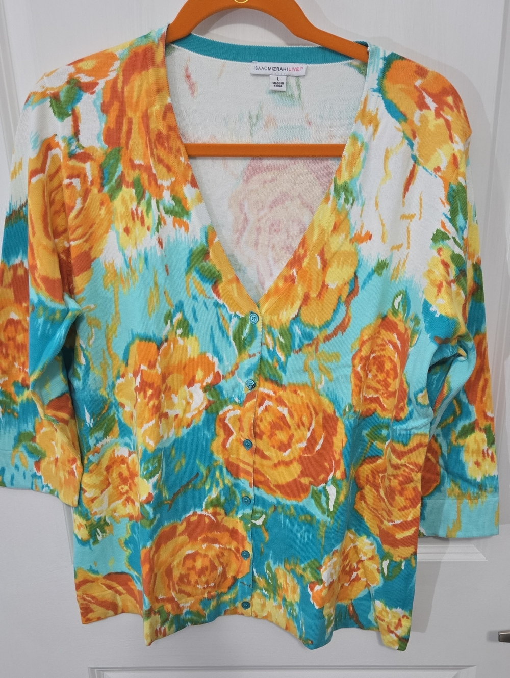 Isaac Mizrahi Live Turquoise & Orange Floral Button-Down Cardigan Size L